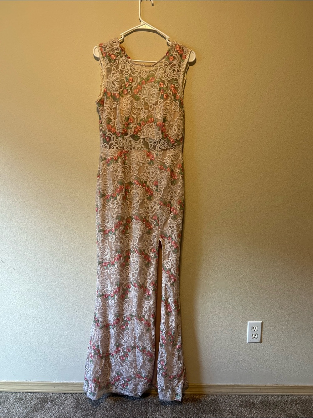 City Studio Beige Lace Maxi Dress with Pink Floral Embroidery